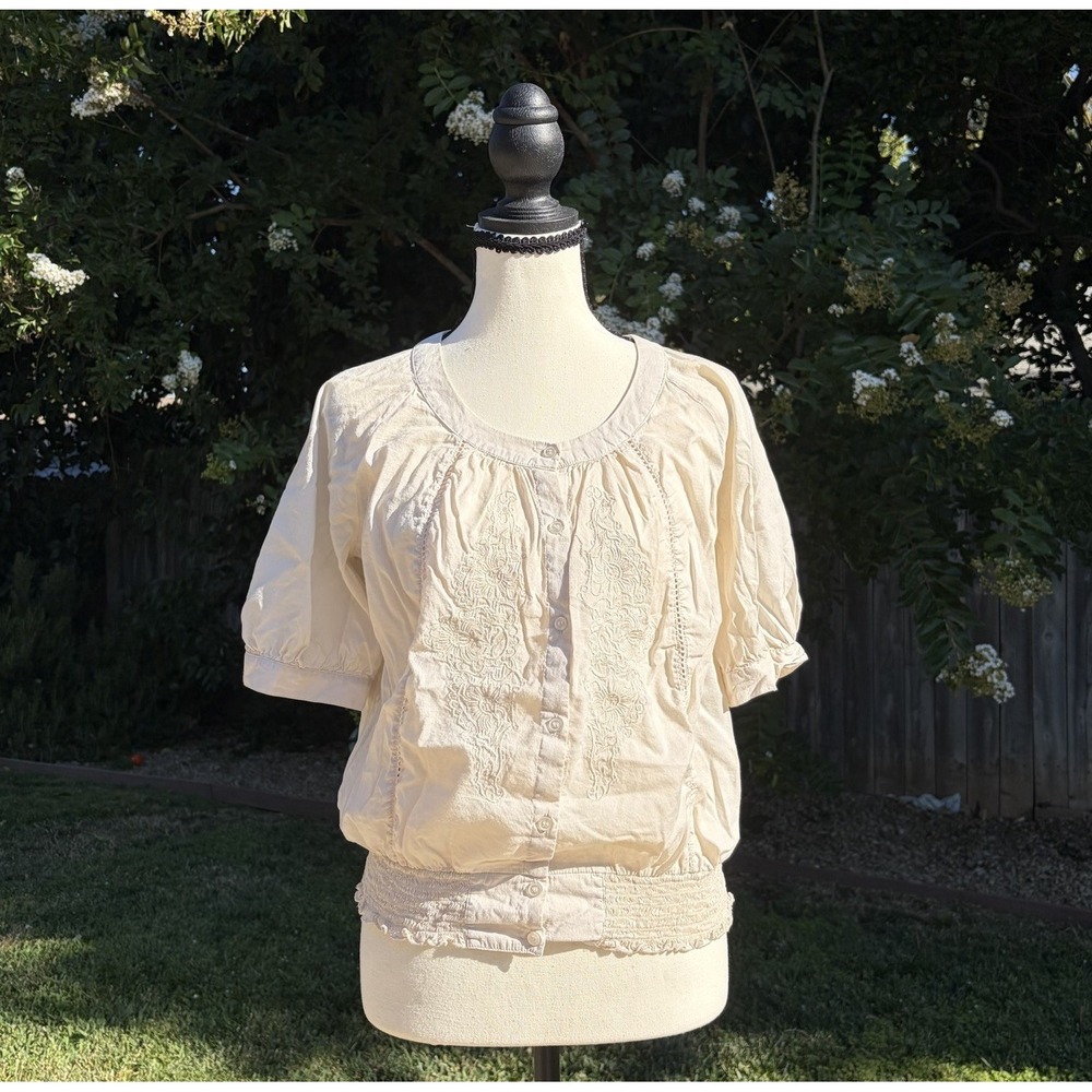 Anthropologie Odille Ivory Eyelet Embroidered Peasant Button Down Top 6 Coquette